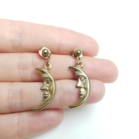 Vintage Dangle Crescent Moon Shaped Earrings, Gold Tone Drops, Estate - Picture 2 of 6